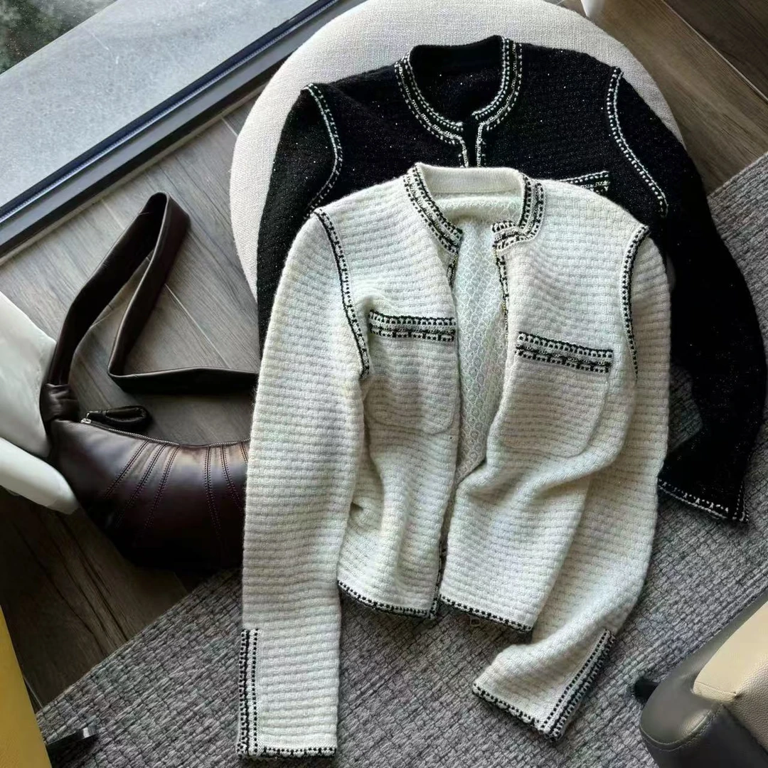 【塔鹿蕾】24设计师秋冬重工亮片小香风显瘦山羊绒拉链开衫7135