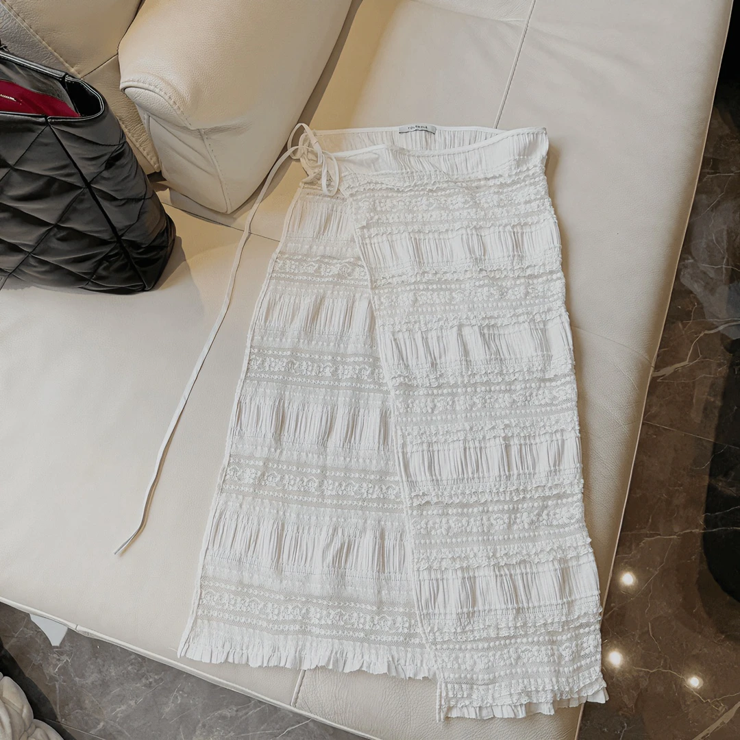 【塔鹿蕾】设计师时尚百搭新款A字系带褶皱镂空屁帘式半身围裙213