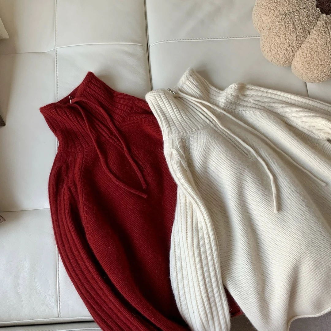 【塔鹿蕾】设计师秋冬新款时尚百搭高领拉链抽绳套头毛衣针织0023