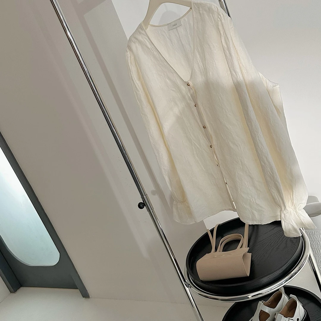 【塔鹿蕾】小众设计师春季新款V领荷叶袖衬衫上衣10030