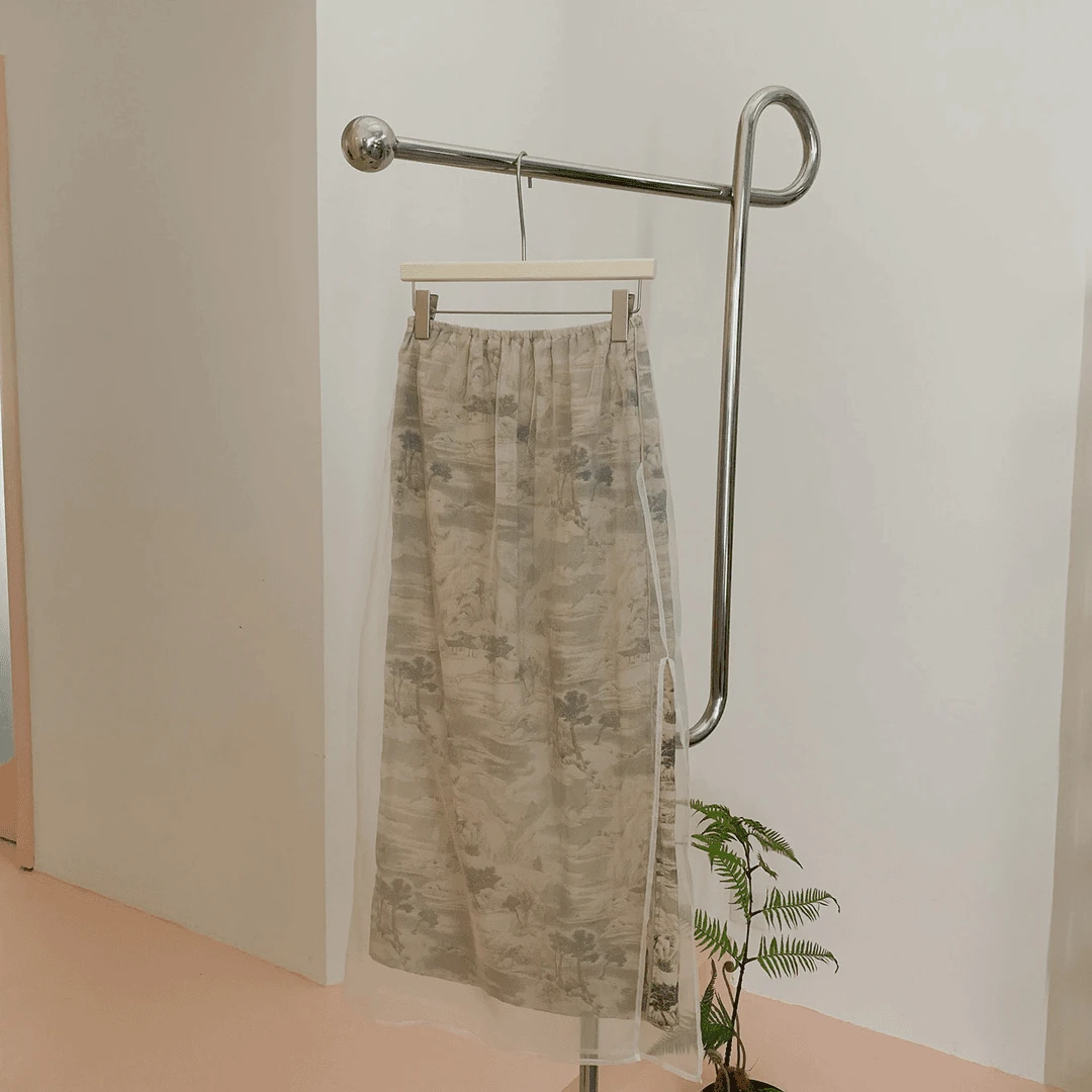 【塔鹿蕾】设计师气质中式国风水墨画设计感开叉半身裙72496