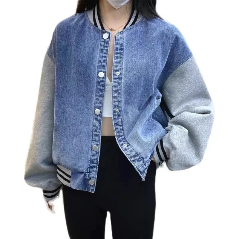 早春新款时尚韩版牛仔外套立领棒球服外套百搭宽松外套女上衣休闲
