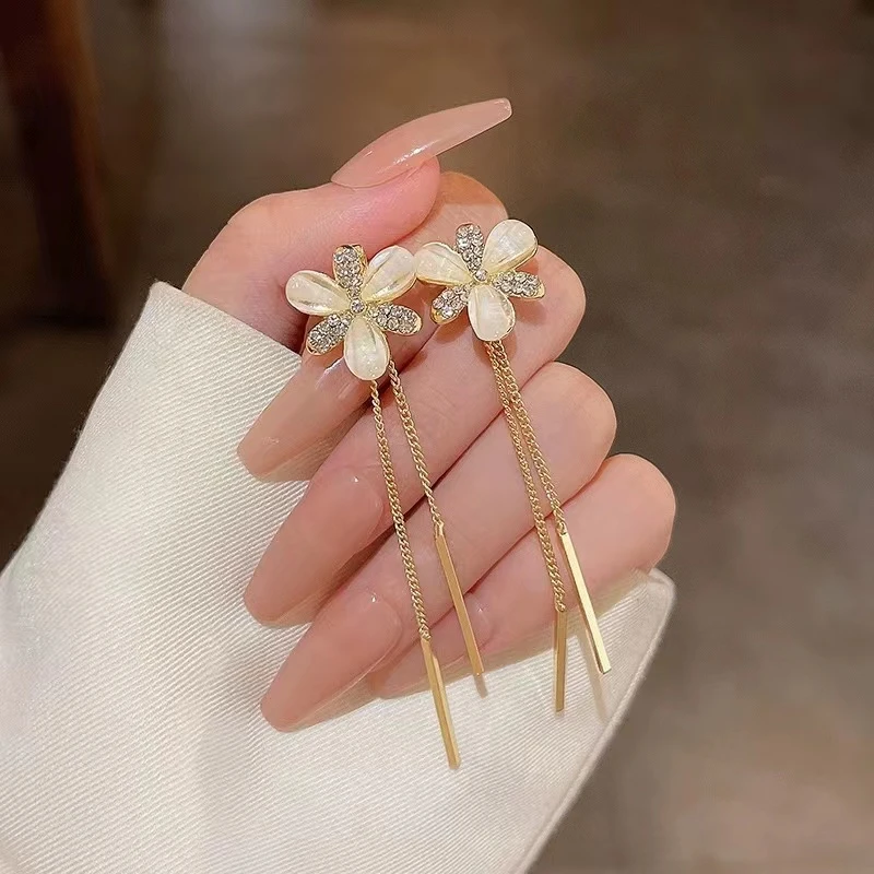 铜合金合成锆石耳饰 069小清新琉璃花耳环长款超仙流苏百搭耳钉女