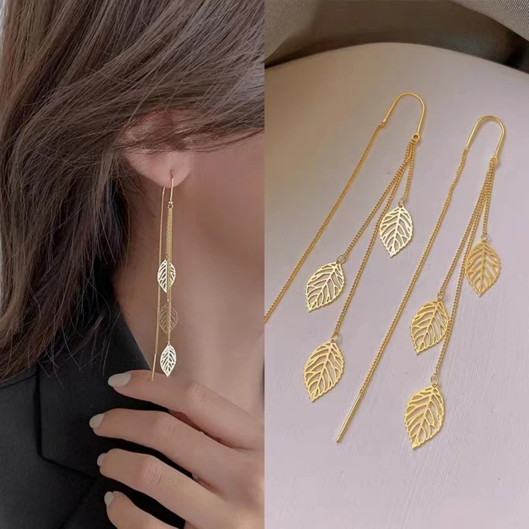 铜合金耳饰 树叶流苏耳环圆脸显瘦长款耳线2023年新款潮耳饰女