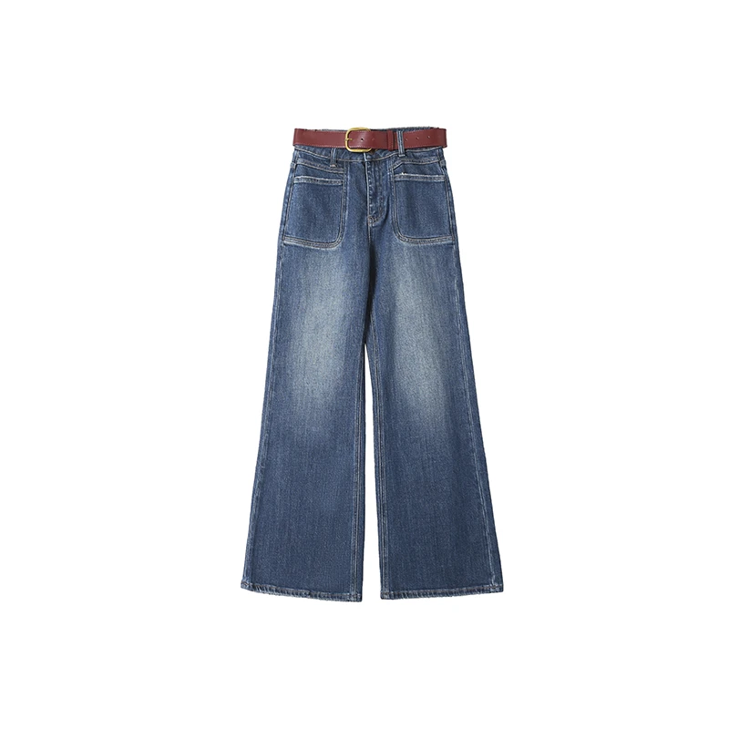 松弛感宽松牛仔裤女秋冬前口袋设计感高腰阔腿裤子CEA6617