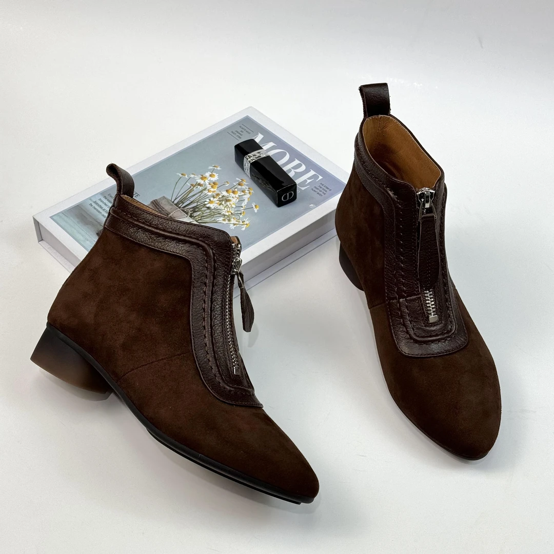 2023新款羊皮中跟女鞋时尚百搭粗跟短靴气质真皮秋冬软底软面