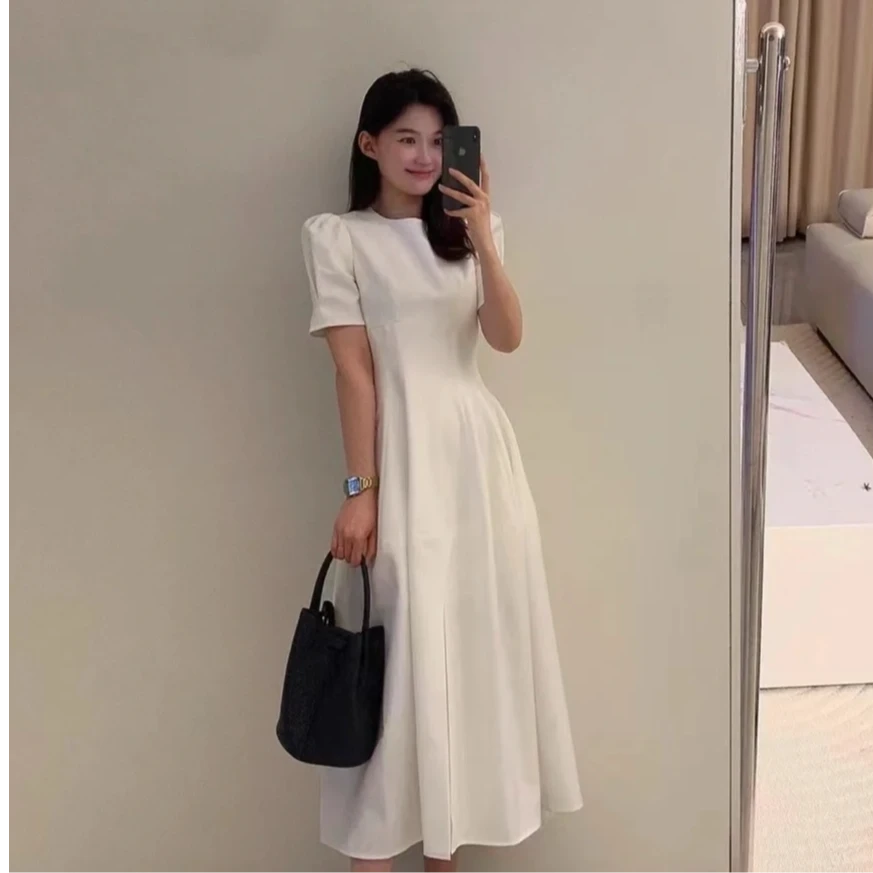 无品牌白色夏季时尚高级收腰显瘦长裙长款泡泡袖连衣裙气质轻奢