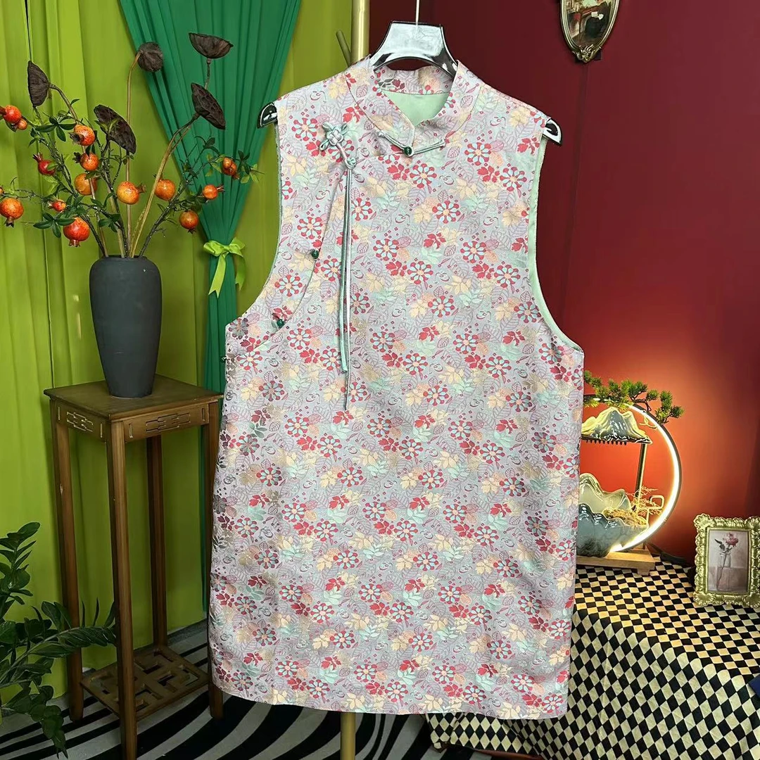 老宋锦花与叶6A桑蚕丝旗袍马甲新中式立领国风真丝女款马夹秋冬