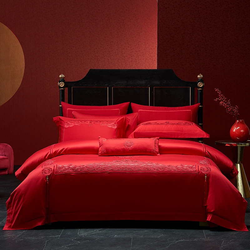 思辰婚庆十件套大红色全棉刺绣婚礼纯棉被套婚房喜庆结婚床上用品