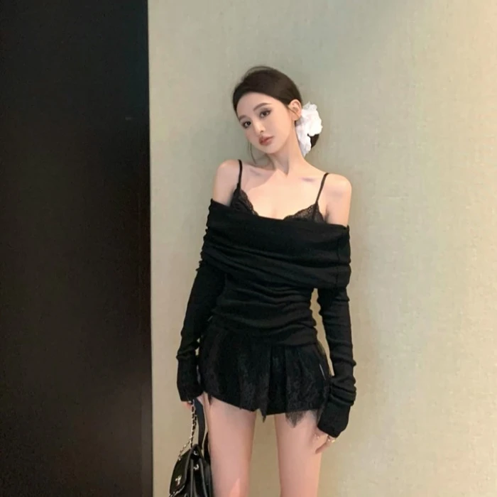 辣妹蕾丝吊带连衣裙一字肩长袖针织毛衣上衣黑色短裤子三件套女秋