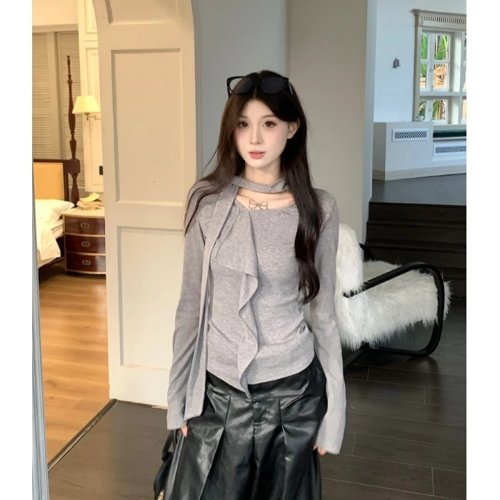 设计感荷叶边围脖长袖T恤女秋季小众修身打底衫显瘦百搭气质上衣