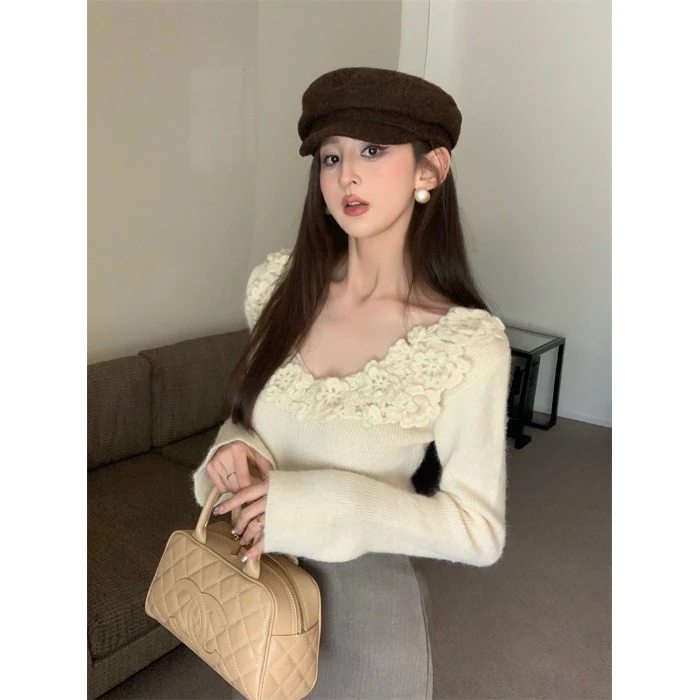 设计感钩花V领针织衫女装秋冬复古优雅长袖上衣气质显瘦打底毛衣