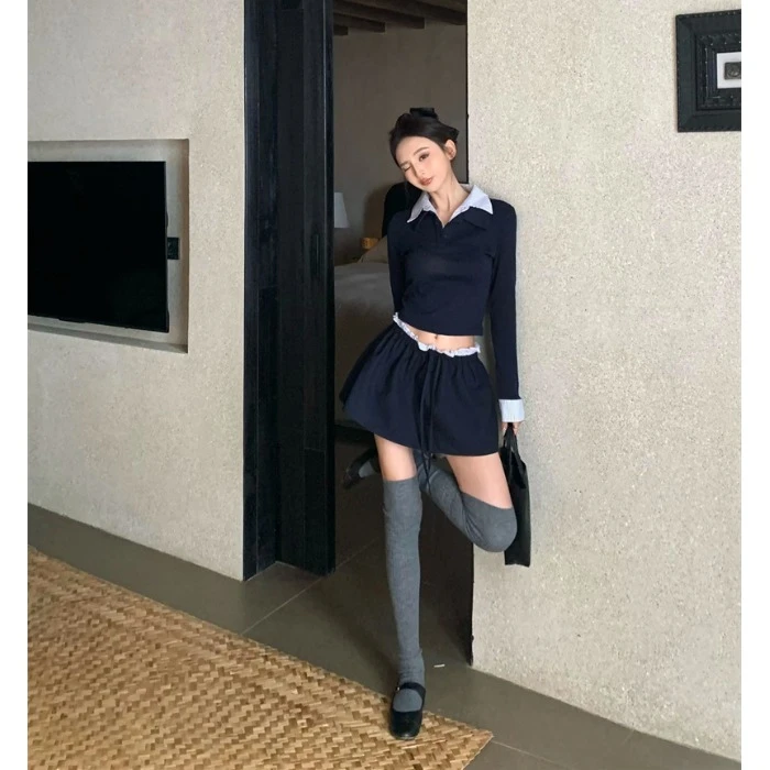 美式学院风拼色长袖polo领T恤上衣高腰半身裙a字短裙子两件套女秋