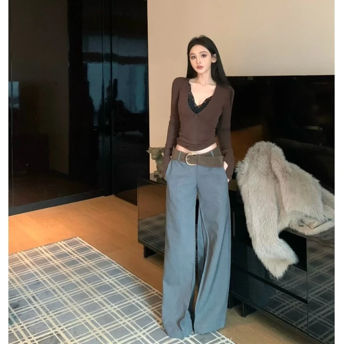 灰色西装长裤女春设计感低腰垂感长裤辣妹显瘦阔腿喇叭裤子拖地裤