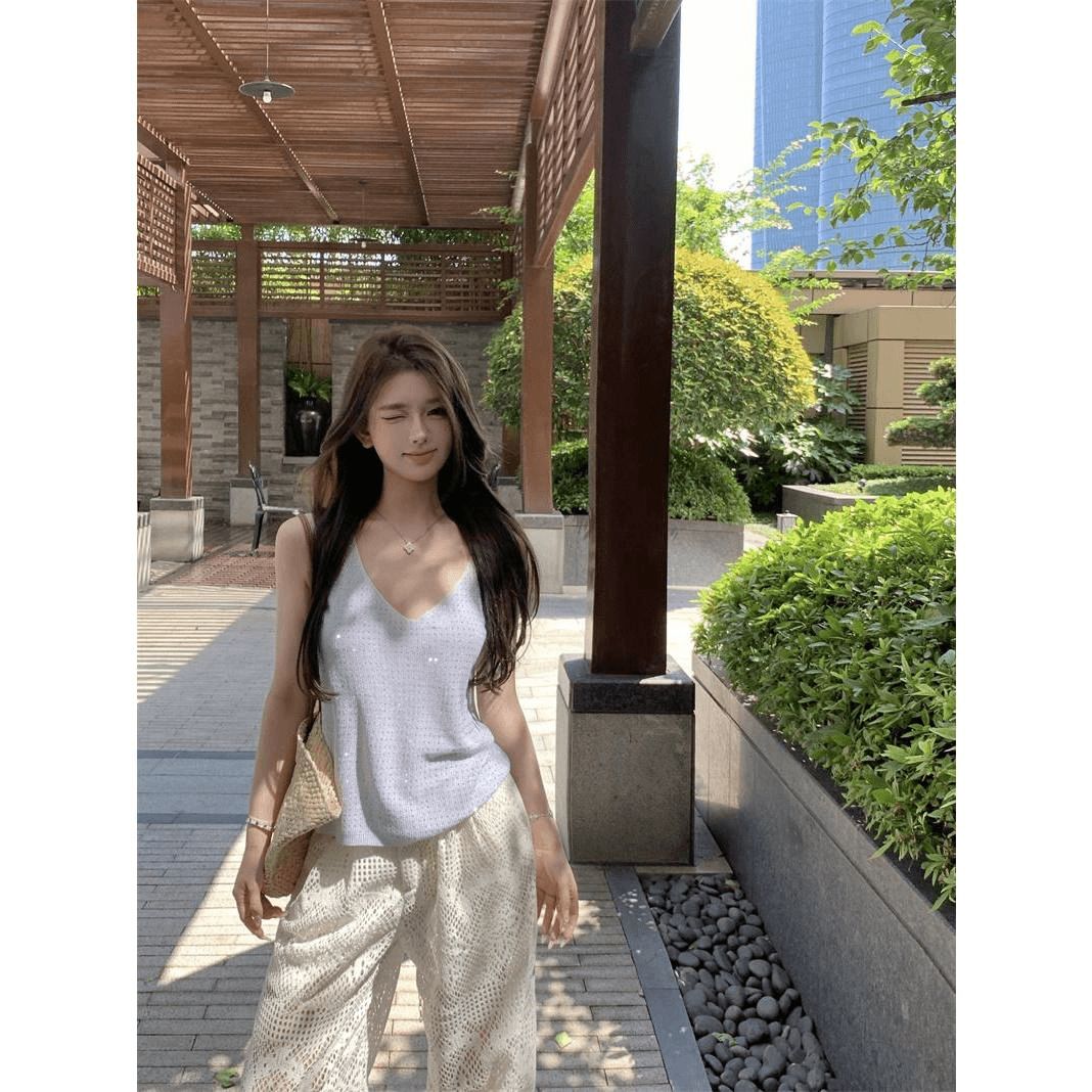 白色重工镶钻针织吊带背心女夏季镂空薄款阔腿裤休闲裤时尚套装