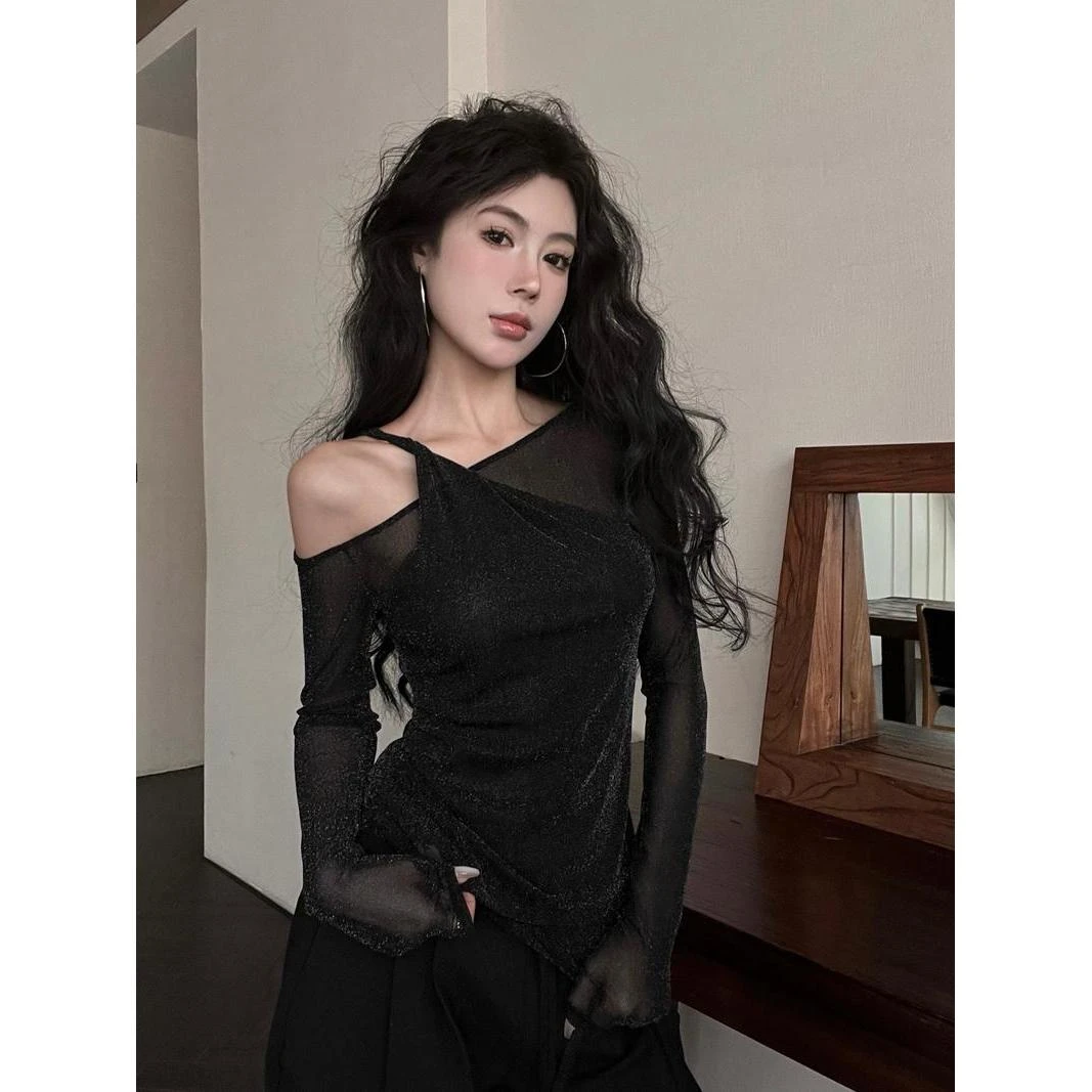 重工亮闪闪辣妹露肩黑色T恤女装秋季长袖上衣修身弹力套头打底衫