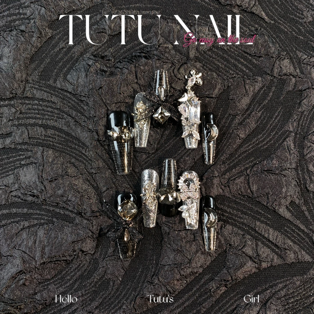 【黑白格】TUTU NAIL手工穿戴可拆卸美甲重工赠品气质名媛渔网黑