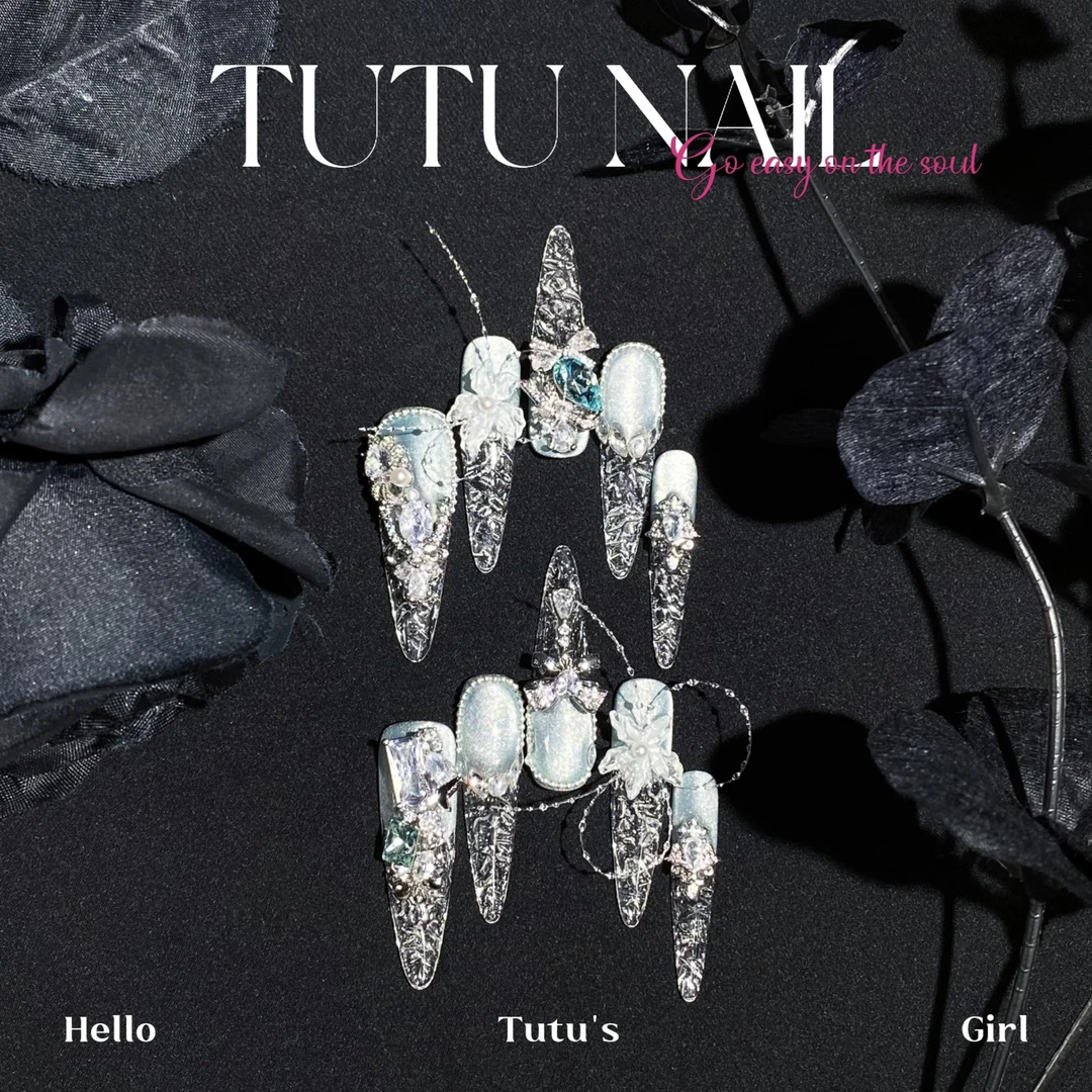 【海洋之心】TUTU NAIL手工穿戴婚甲白琉璃猫眼鱼线冰透立体雕花蓝