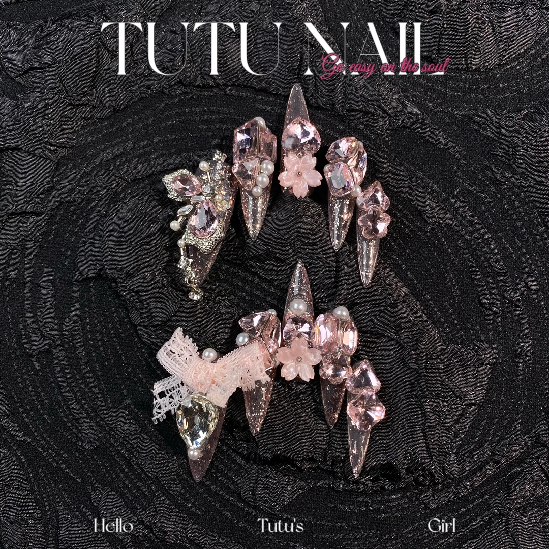 【樱花之恋】TUTU NAIL手工穿戴甲省钱风美甲重工奢华长尖粉爆闪