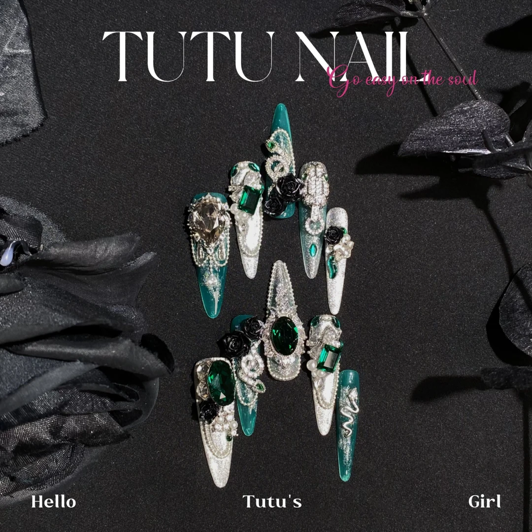 【青蛇】TUTU NAIL手工穿戴重工奢华猫眼绿银蛇年斯莱特林蛇院长款