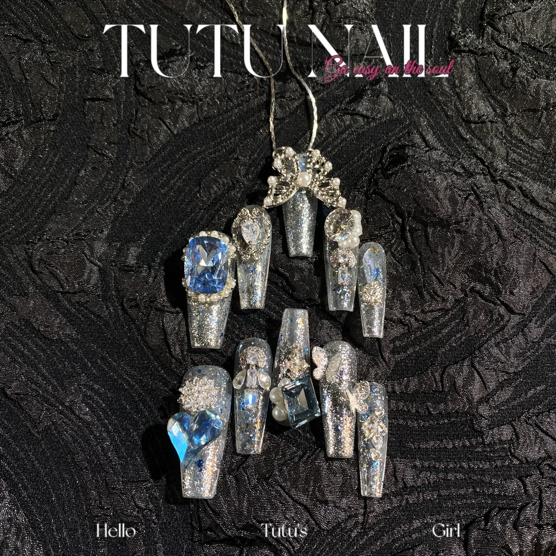 【蓝海】TUTU NAIL手工穿戴可拆卸美甲重工返潮复古蓝链条蝴蝶婚甲
