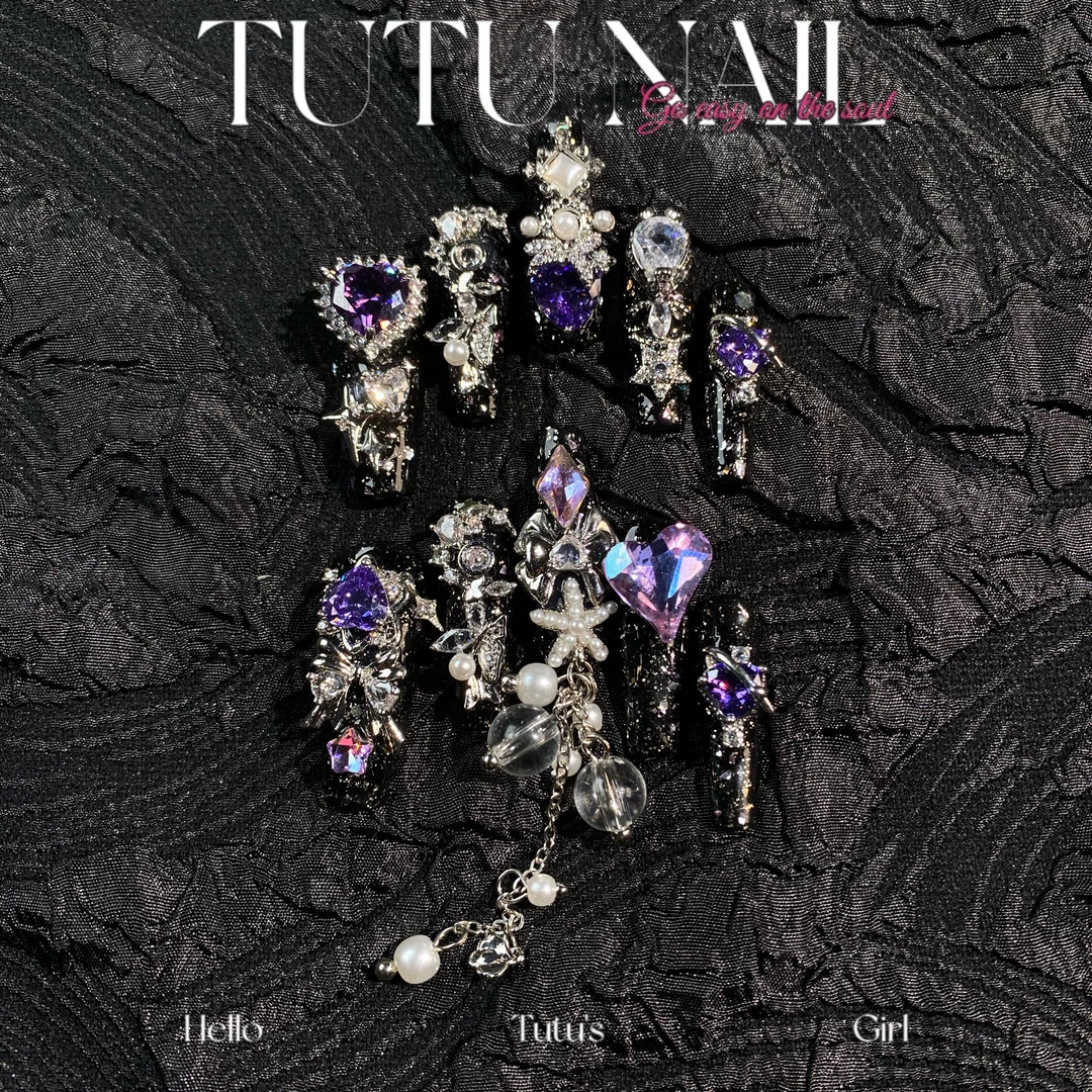 【紫色妖姬】TUTU NAIL手工穿戴甲可拆卸美甲重工赠品长T黑紫满钻