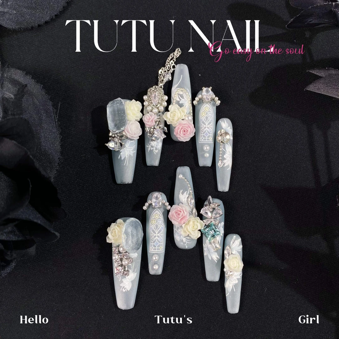 【似锦】TUTU NAIL手工穿戴美甲高级感新中式雾霾灰蓝温柔彩雕花T尖