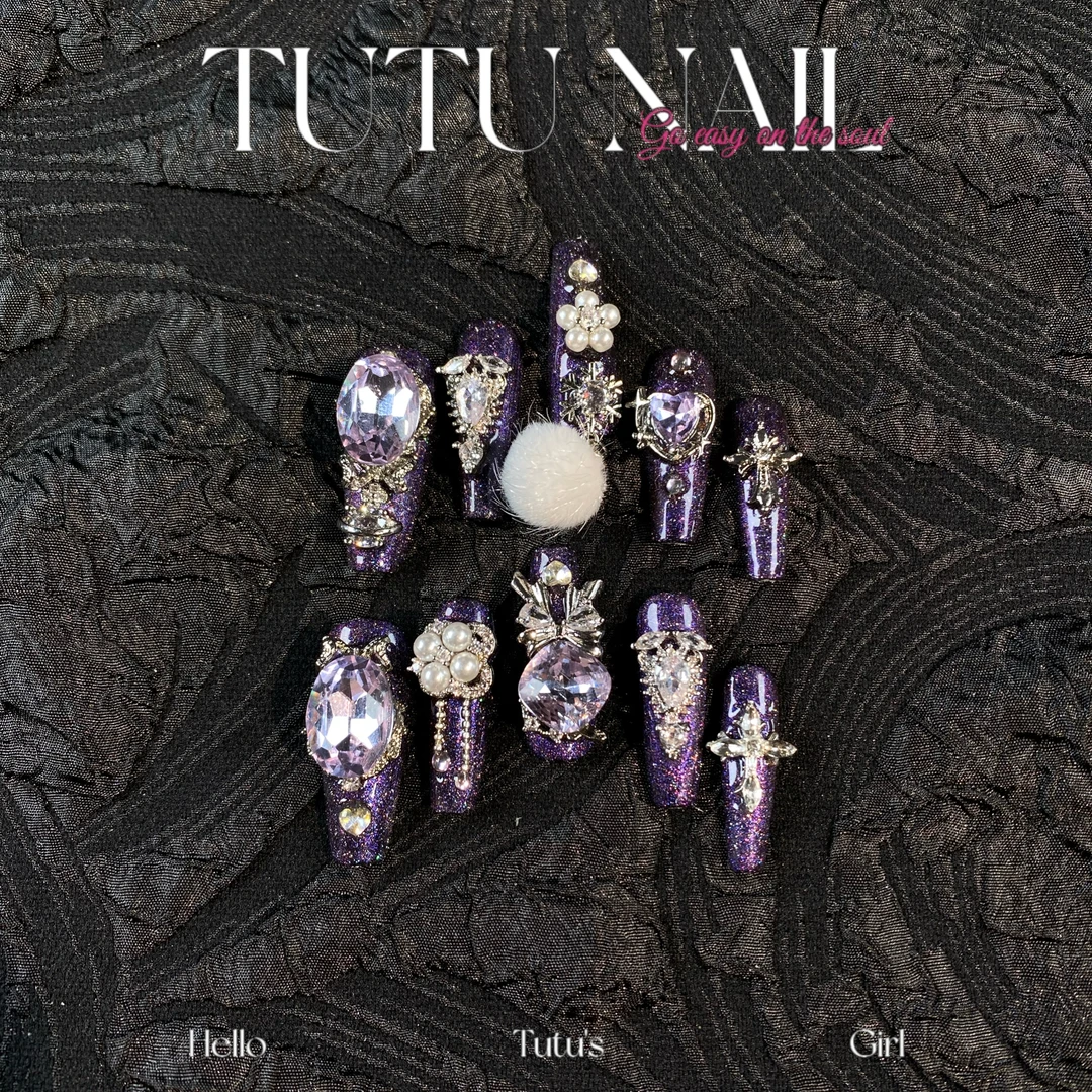 【貂蝉】TUTU NAIL手工穿戴甲可拆卸美甲重工赠品紫爆闪毛球长T甲
