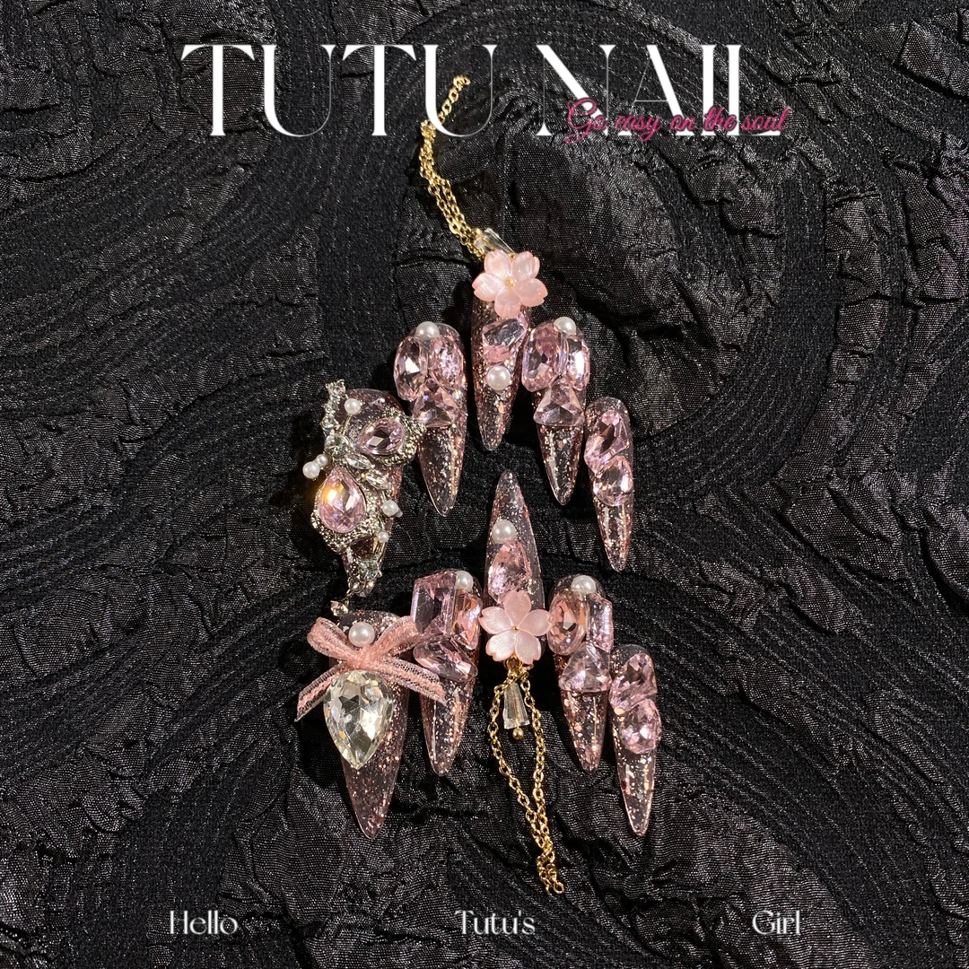 【樱花之恋】TUTU NAIL手工穿戴甲可拆卸美甲重工赠品长尖粉雕花