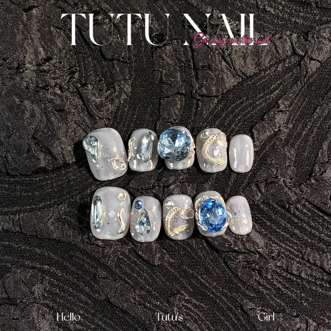 【海浪】TUTU NAIL手工穿戴甲可拆卸美甲重工奢华短T蓝