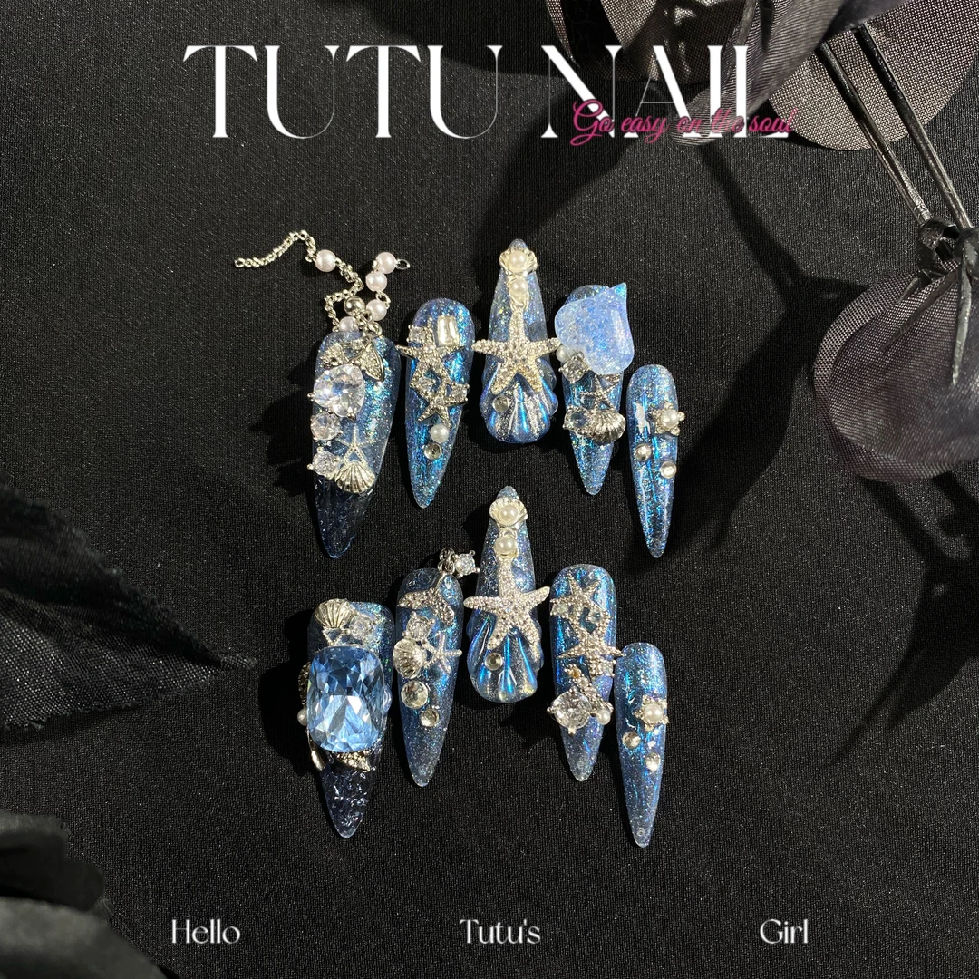 【双鱼座】TUTU NAIL手工穿戴美甲重复使用重工返潮复古T蓝链条