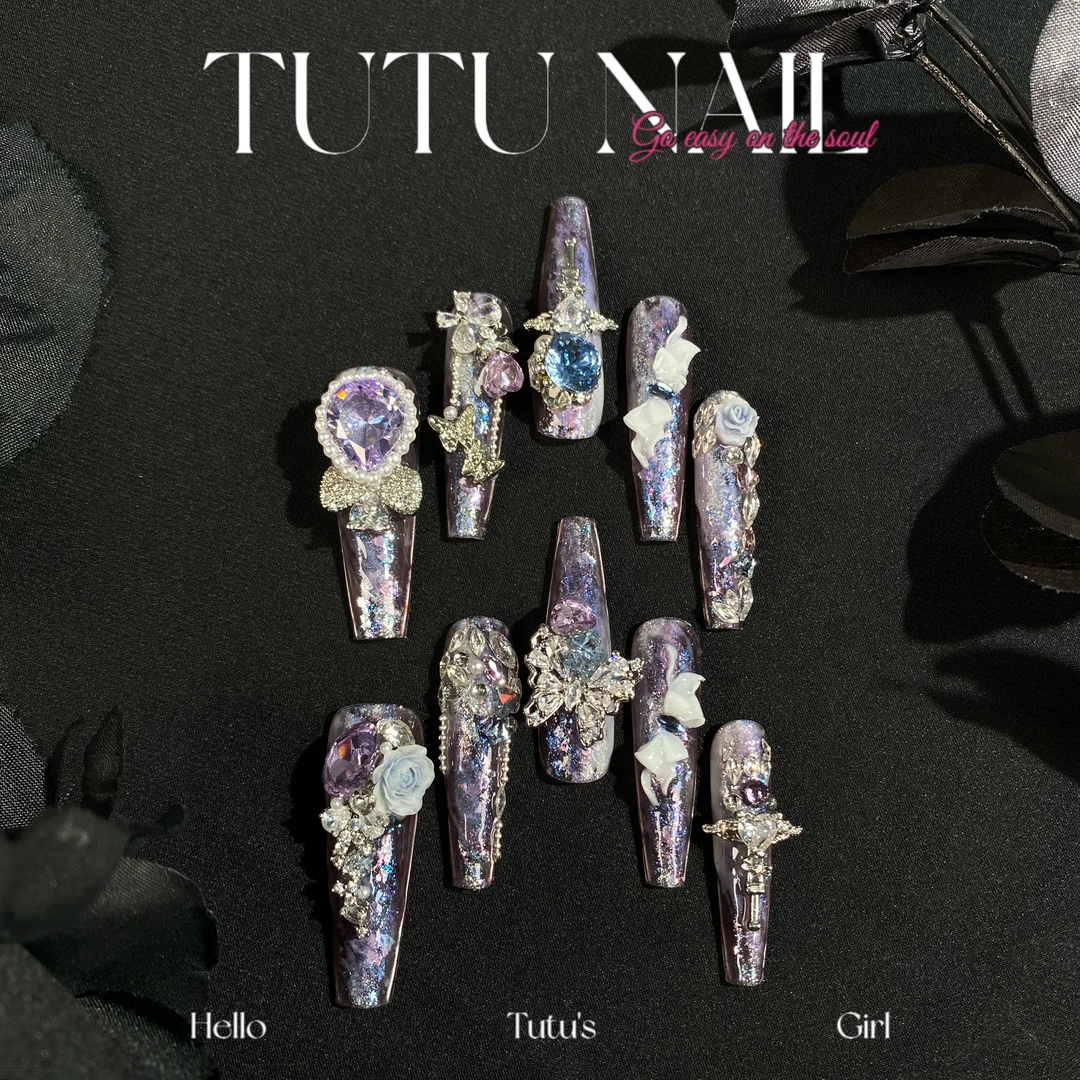 【代号鸢傅融】TUTU NAIL手工穿戴可拆卸美甲高级感长T尖蓝紫花蝴蝶