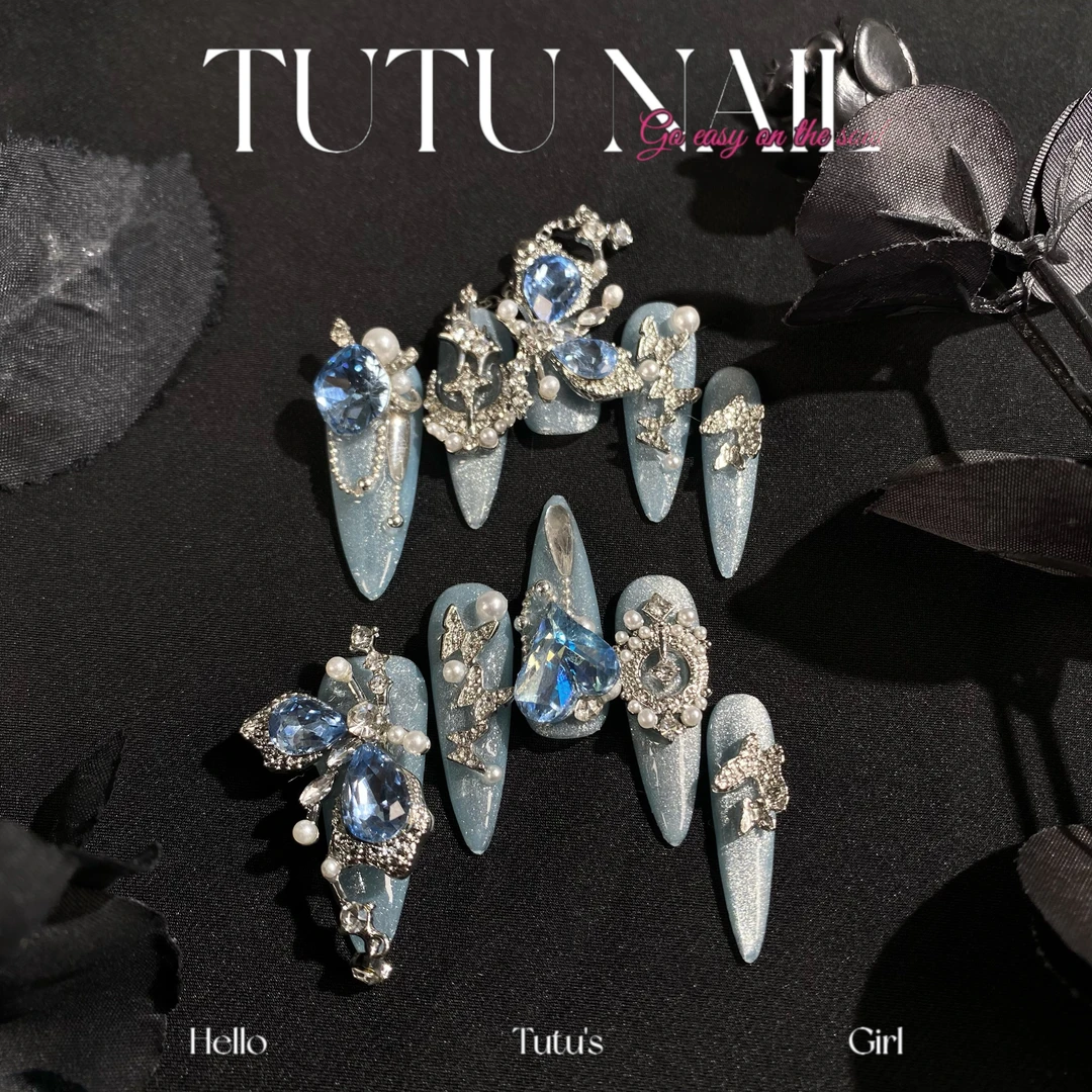 【司岚】TUTU NAIL手工穿戴甲可拆卸美甲超长T尖蓝猫眼链条乙游