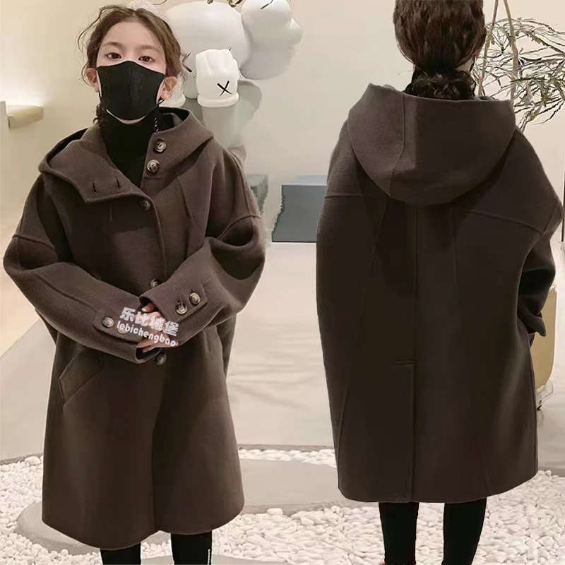 女童呢子外套2023新款加厚洋气呢大衣单排扣韩版男童休闲带帽大衣
