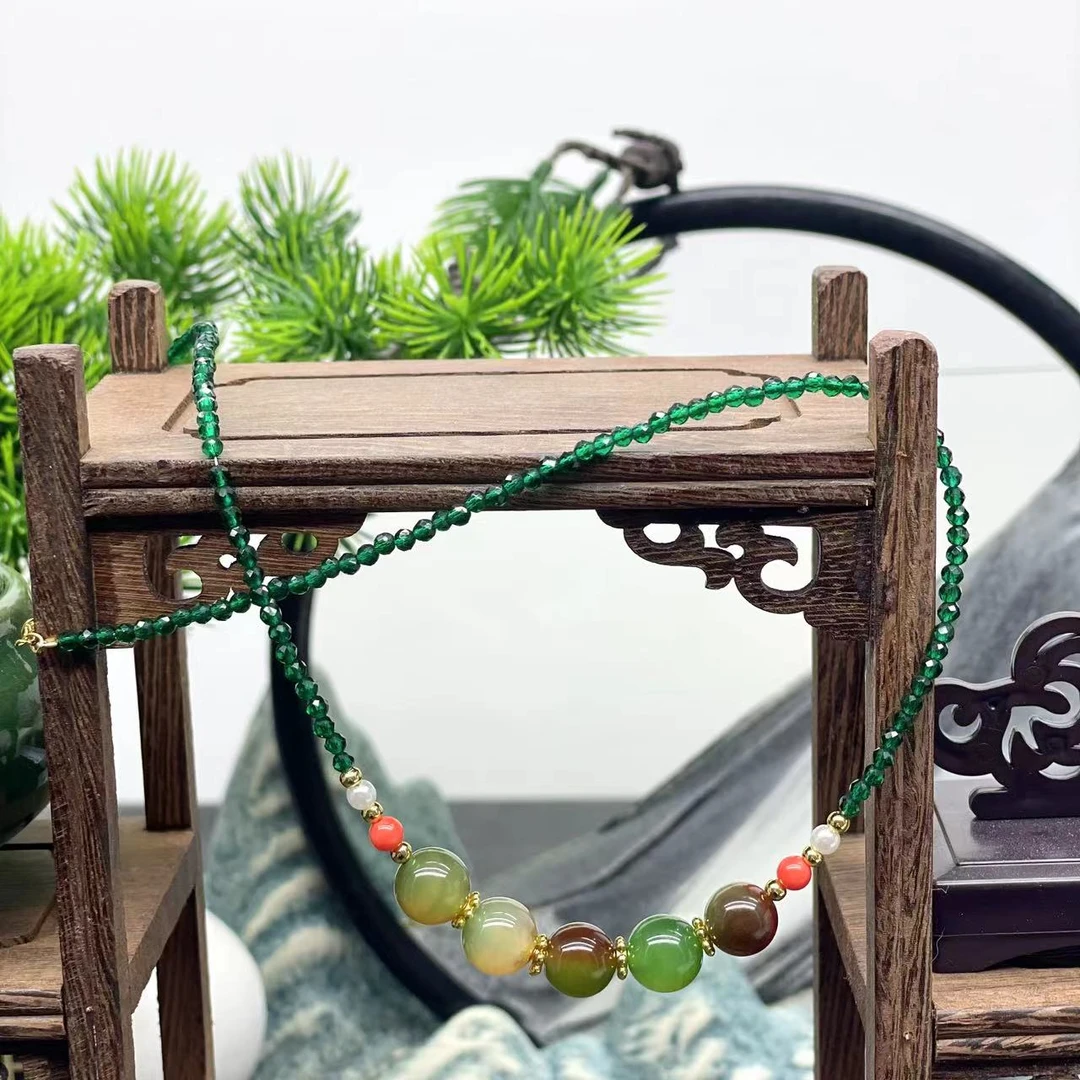 天然多彩玛瑙绿晶晶项链