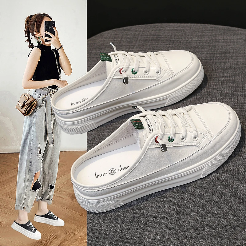 瑞力潮包头半托女鞋子休闲2025新款百搭小白鞋懒人套脚无后跟透气