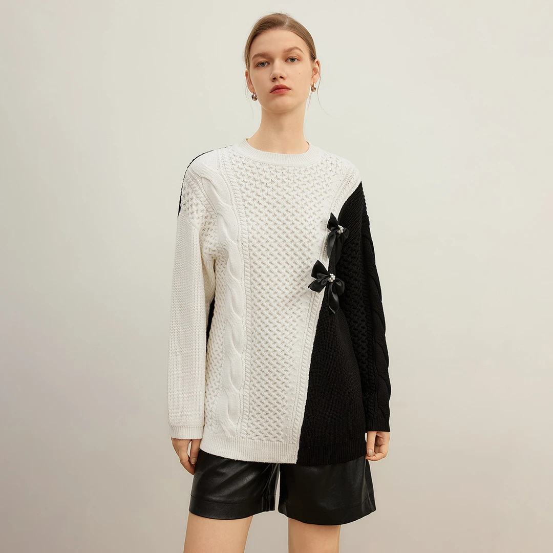 百搭撞色针织衫女秋季气质蝴蝶结圆领套头毛衣Y733302787