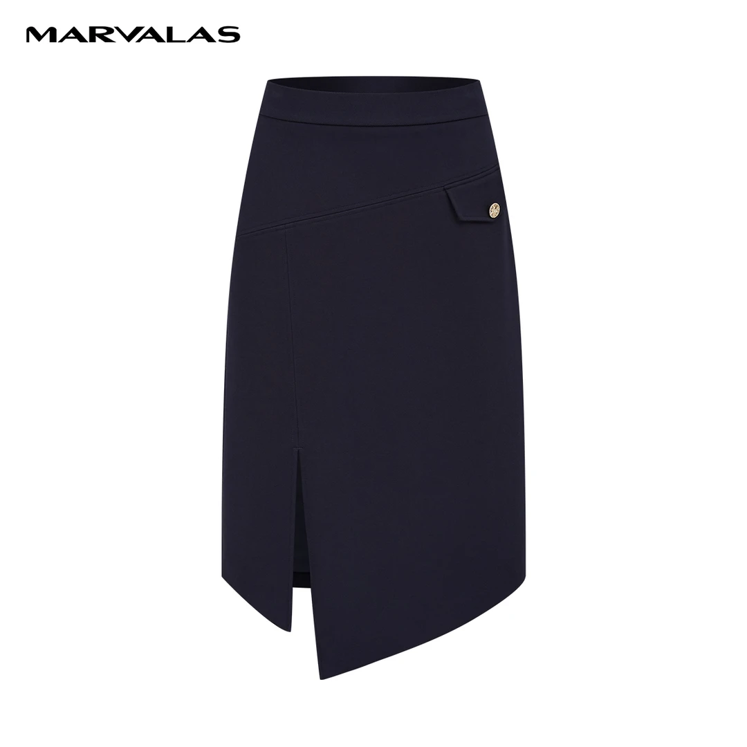 【商场同款】曼德诗高腰半身裙2023冬季不规则开叉长裙女M2073063