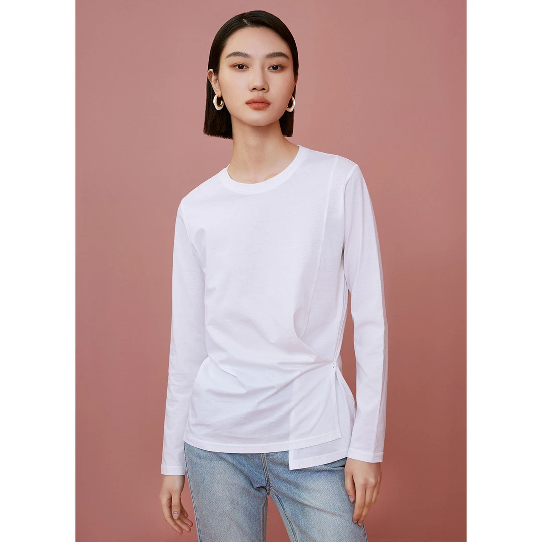 【曼德诗】纯色长袖T恤秋季简约设计感小众不规则上衣M313300482