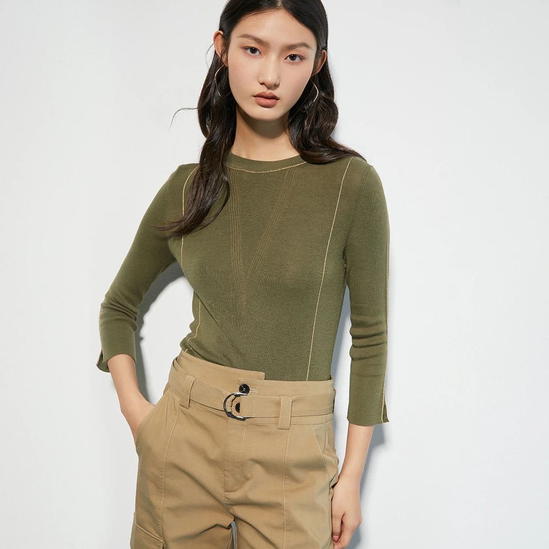 时尚感莱赛尔修身显瘦针织衫女秋季百搭圆领九分袖套头衫M720187