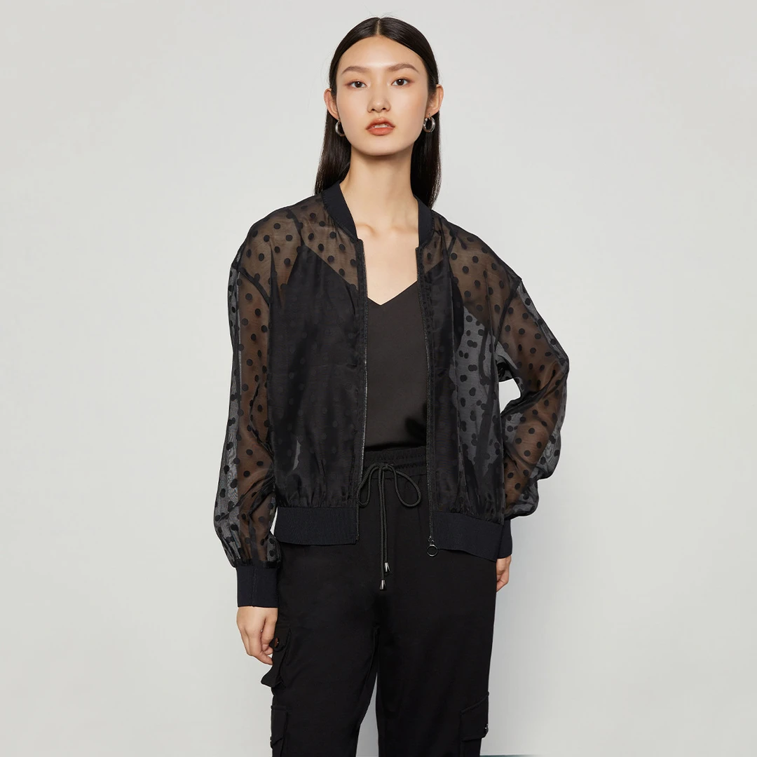 薄款透肤外套女秋季纯色气质复古波点球领长袖上衣M431867