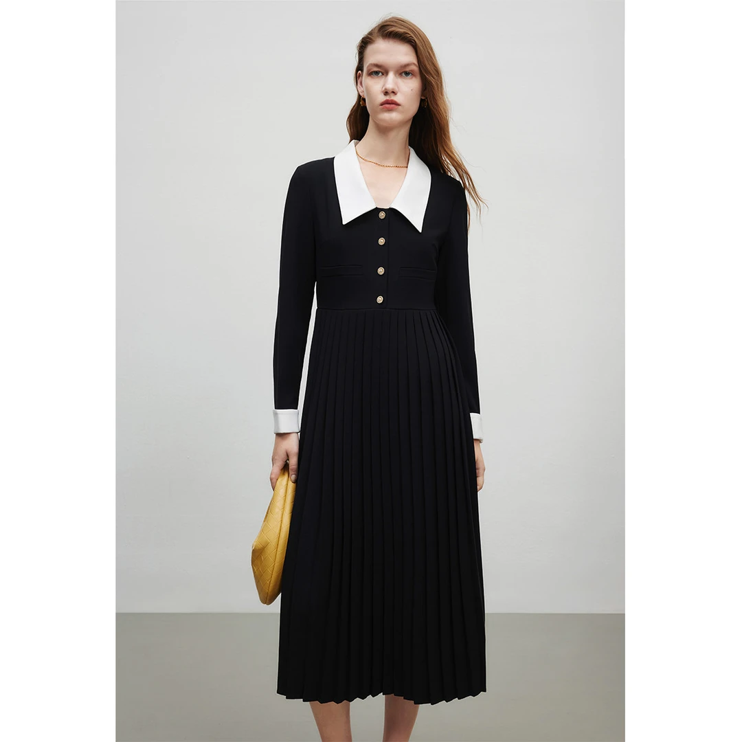 撞色直身连衣裙秋季优雅气质翻领设计感中长款百褶裙Y534301728