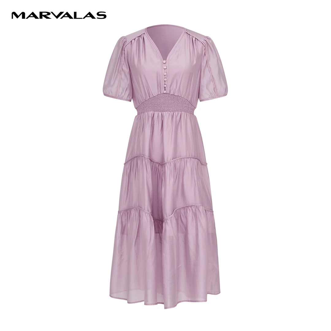 【曼德诗】M534104728曼德诗莱赛尔天丝连衣裙V领纯色老钱风女装