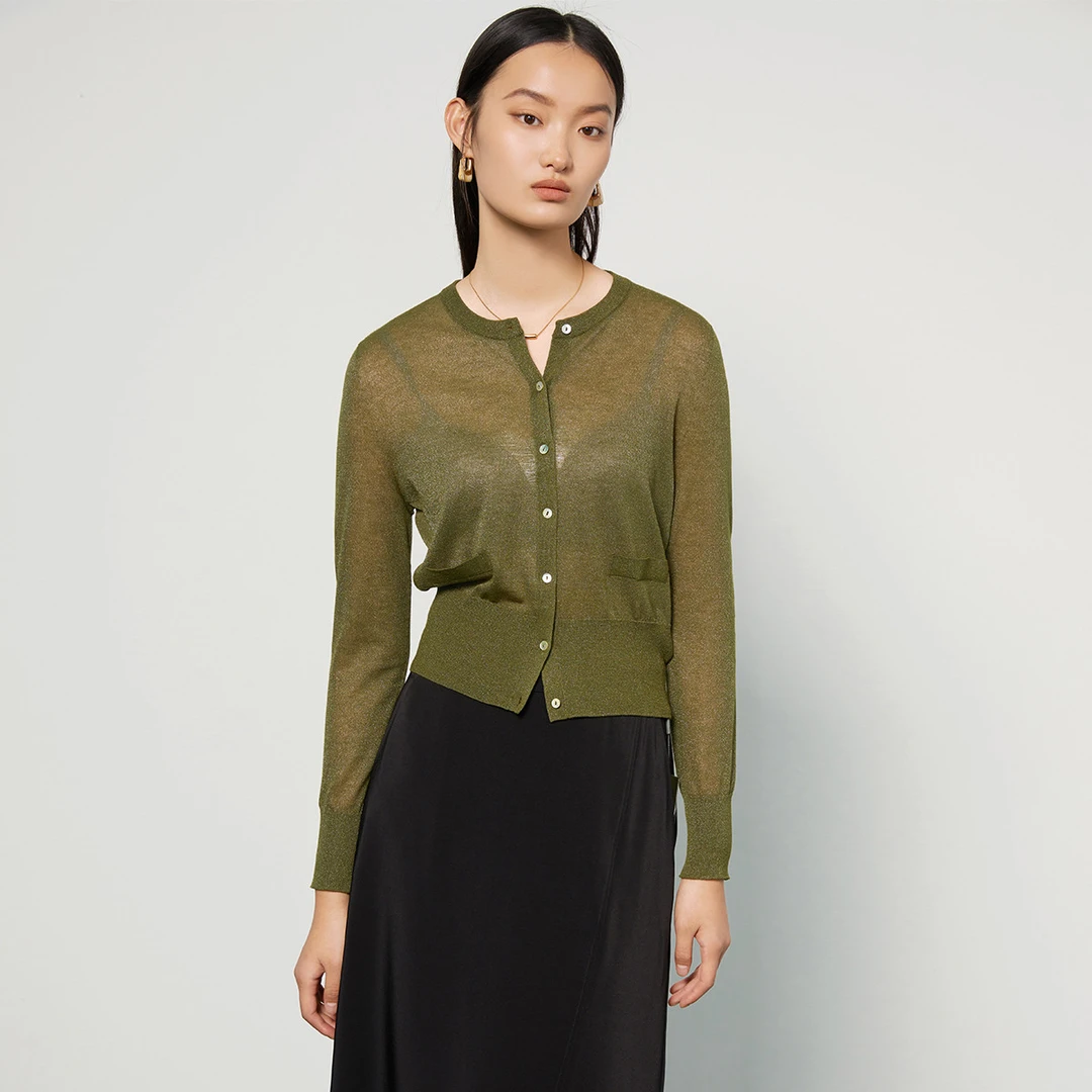 百搭简约时尚针织衫女春季气质圆领单排扣短款长袖开衫M731056