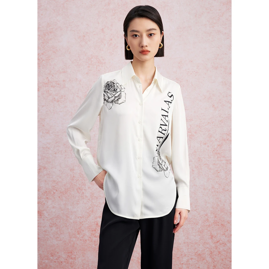 【诗语专属】玫瑰印花衬衫春季造型感字母素描写意复古时尚衬衣