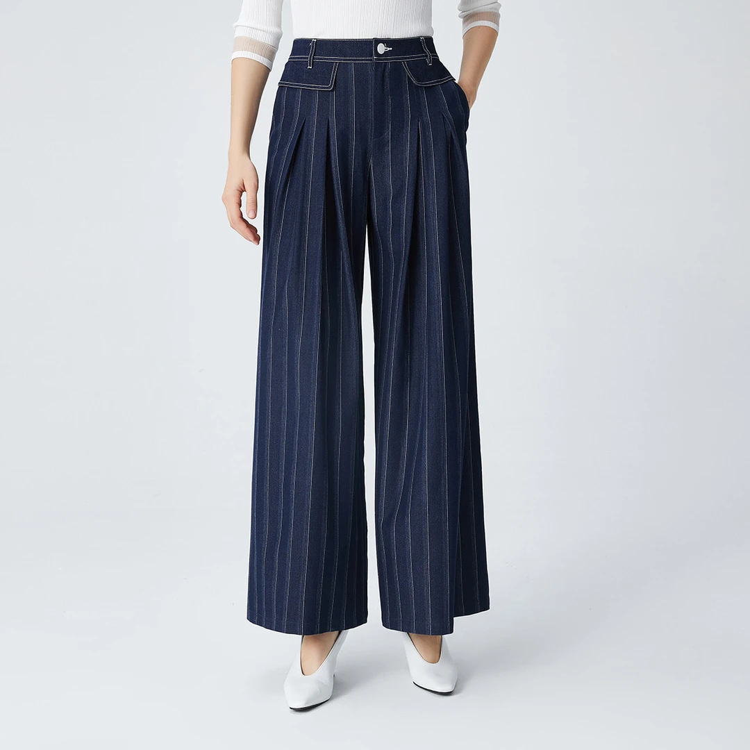 【曼德诗】时尚高腰牛仔裤条纹显瘦设计感阔腿裤百搭宽松裙裤