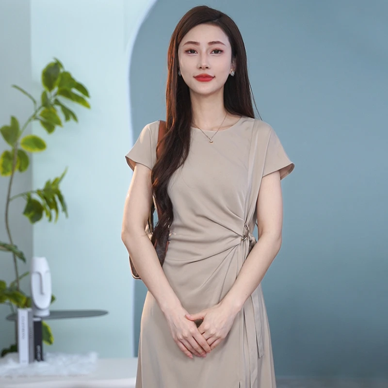 【曼德诗】简约气质时尚裙子夏季优雅褶皱直身连衣裙MC534106176