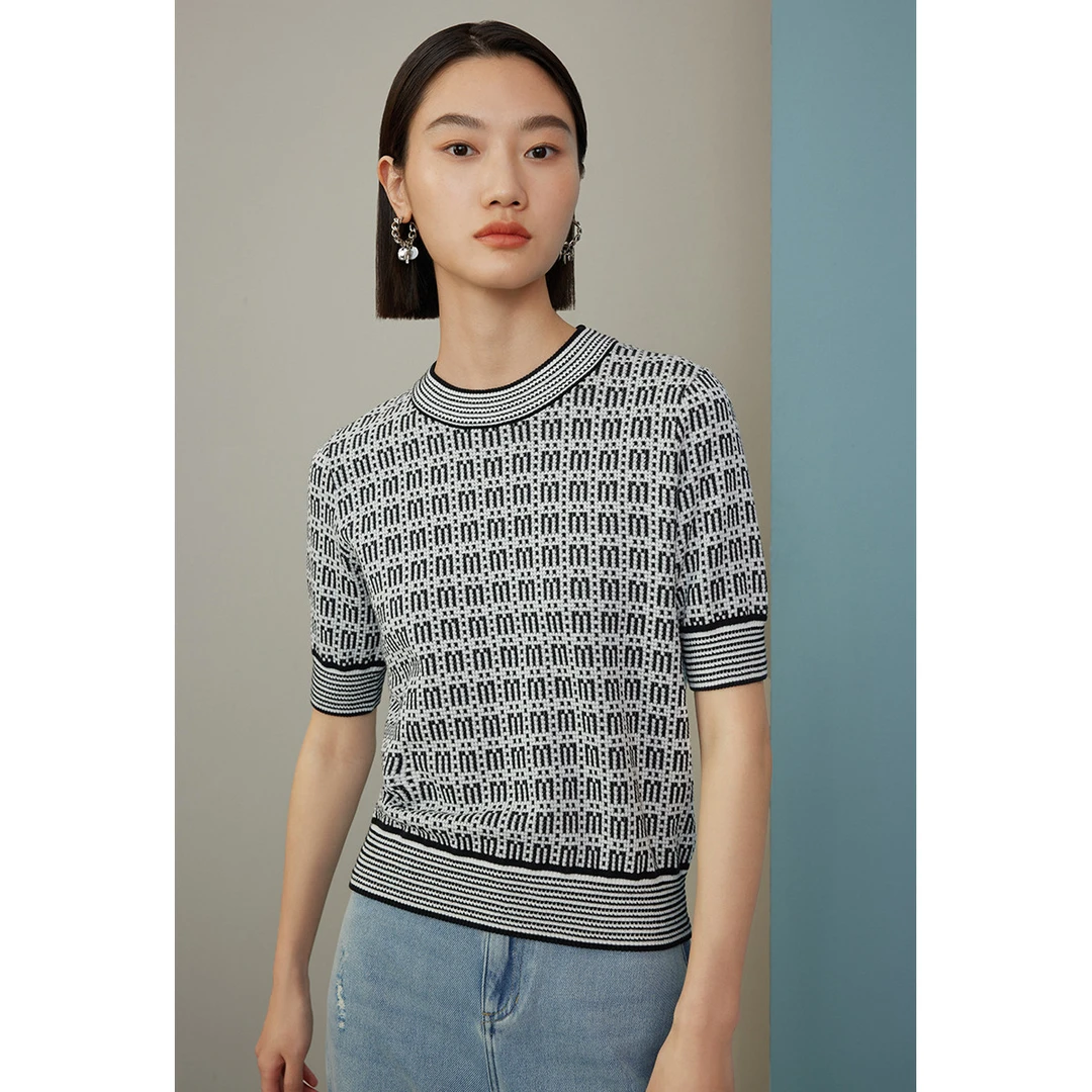 【小余专属】时尚撞色提花针织衫春季法式复古简约柔软亲肤短袖