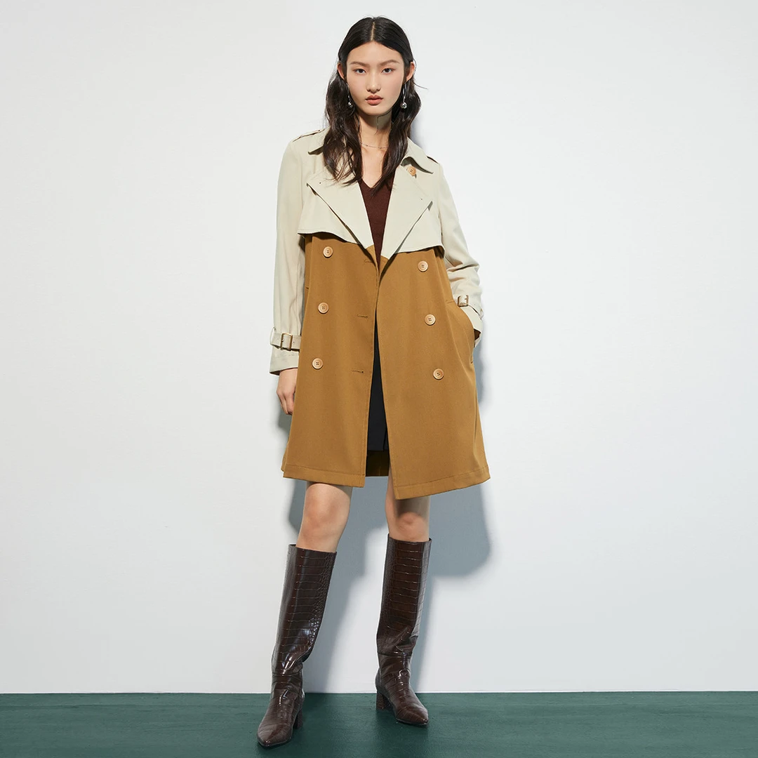 设计感双层拼接风衣女秋季时尚撞色翻领中长款外套M431838