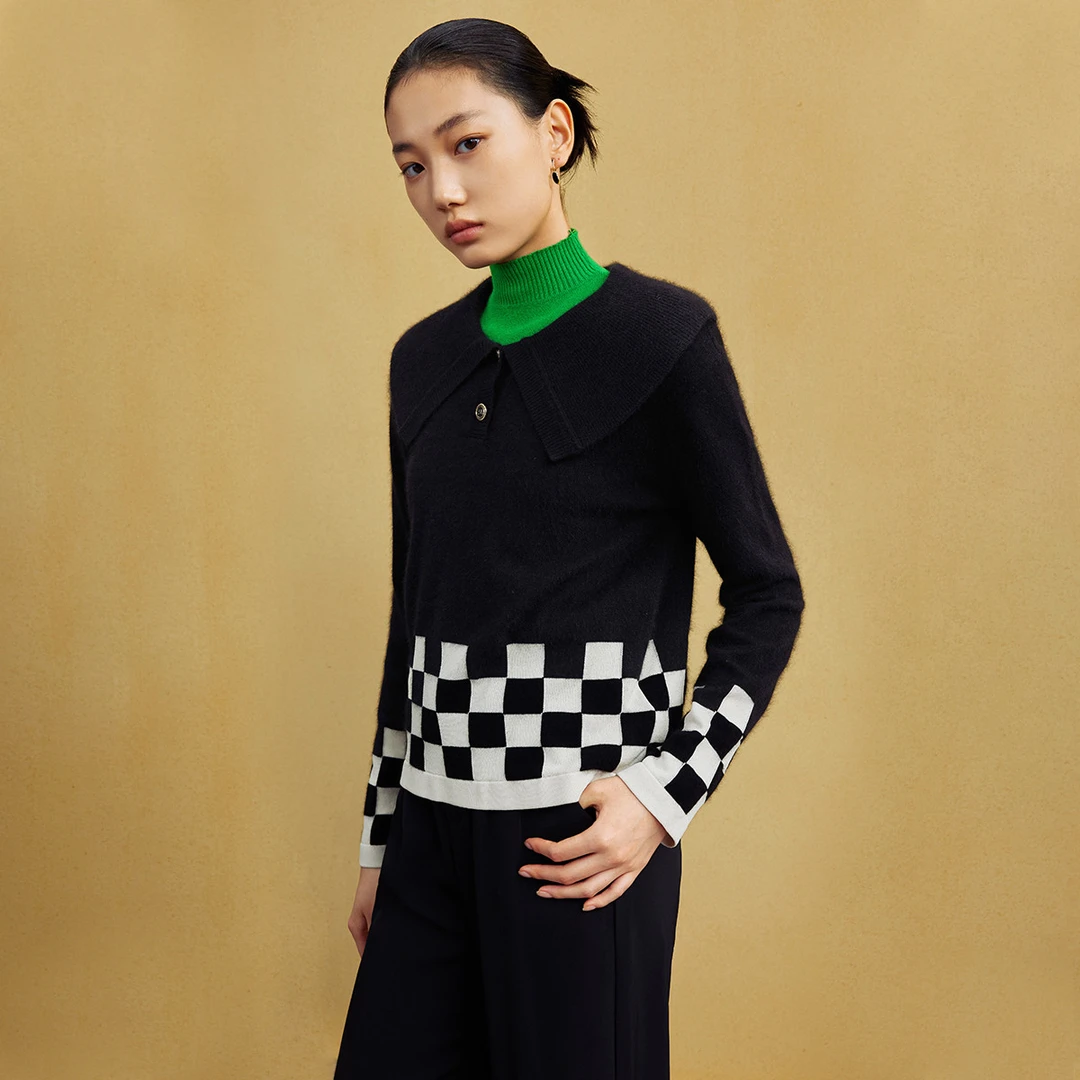 【籽言专属】撞色棋盘格针织衫女秋季娃娃领套头衫M733302075
